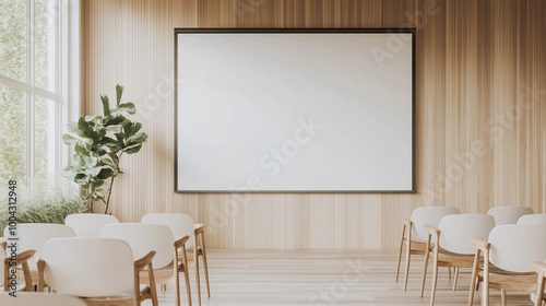 A modern conference room with a blank projection screen at the front, large windows allowing natural light to stream in, and minimalistic furniture. photo