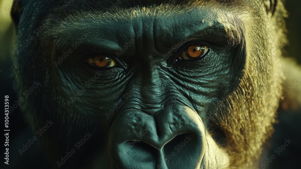 Close-up of a male gorilla's face, showcasing the raw power and intelligence of this iconic primate, a true symbol of nature's beauty Close-up of a male gorilla's face, showcasing the raw power and intelligence of this iconic primate, a true symbol of nature's beauty