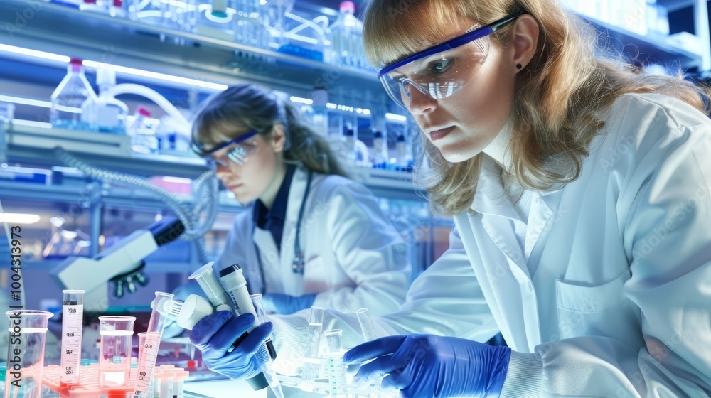 Researchers using gene editing tools in a high-tech biotech lab to develop personalized medicine, symbolizing the future of tailored healthcare solutions Researchers using gene editing tools in a high-tech biotech lab to develop personalized medicine, symbolizing the future of tailored healthcare solutions