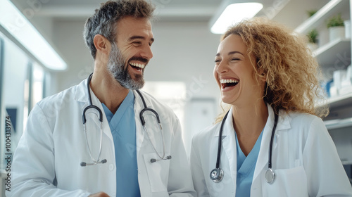 Happy doctors laughing together in modern medical office, showcasing teamwork and positivity in healthcare. Their friendly expressions create warm and inviting atmosphere