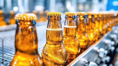 A row of beer bottles on a conveyor belt photo