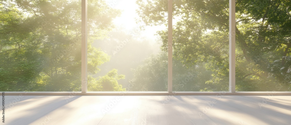 Naklejka premium Balcony room with forest view, serene terrace overlooking lush greenery, perfect for relaxation in a tranquil hotel setting