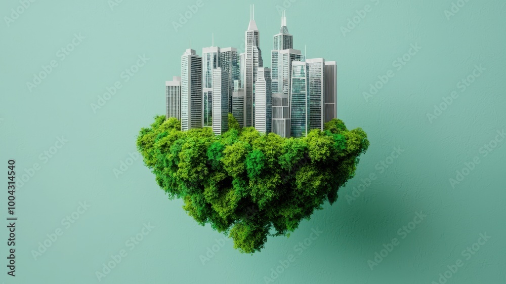A city is floating in the air with trees growing out of it A city is floating in the air with trees growing out of it