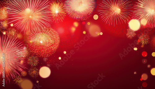 Happy New Year card on red background with fireworks and space for text. Chinese new year celebration