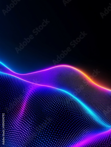 Vibrant neon wave of light, showcasing dynamic curves and gradients on a dark background. A minimalist poster in metallic and chrome gradient style.