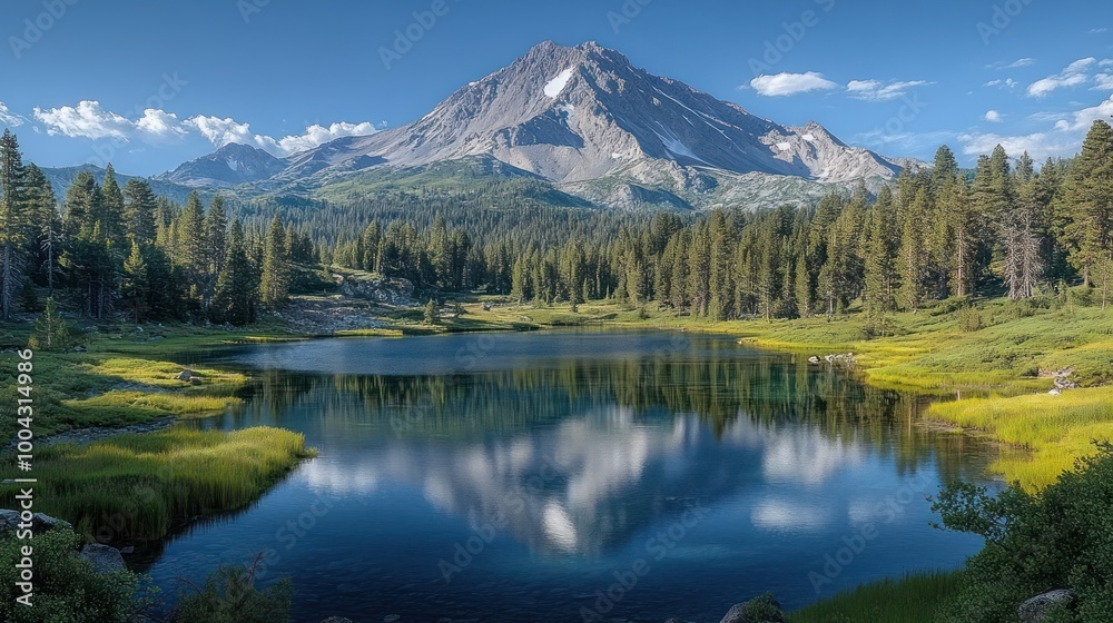 Serene mountain landscape with a reflective lake and lush greenery. Serene mountain landscape with a reflective lake and lush greenery.
