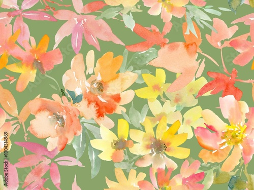 Fototapeta Naklejka Na Ścianę i Meble -  Seamless pattern of abstract autumn leaves and autumn flowers painted in watercolor. Autumn botanical pattern in watercolor. Wallpaper of autumn flowers painted in watercolor.