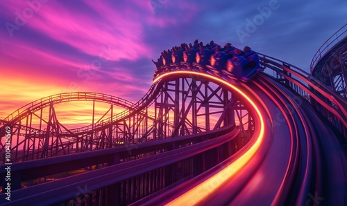 Neon-Lit Roller Coaster Track Against a Colorful Sunset Sky, AI generated illustration