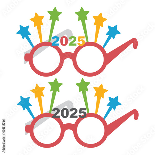 Party glasses and greetings decorated with stars and new year dawn, ready to be used in New Year's Eve party for 2025.