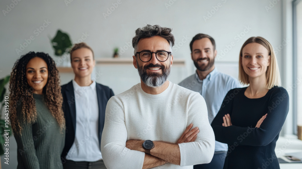 Obraz premium A diverse group of professionals stands confidently together in modern office setting, showcasing teamwork and collaboration. Their smiles reflect positive and engaging work environment