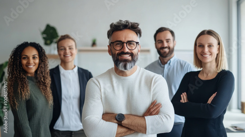 A diverse group of professionals stands confidently together in modern office setting, showcasing teamwork and collaboration. Their smiles reflect positive and engaging work environment