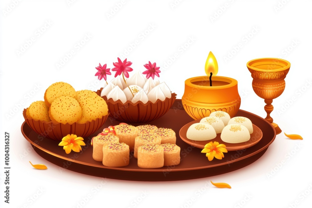 Diwali sweets and diya lamps on festive tray Diwali sweets and diya lamps on festive tray