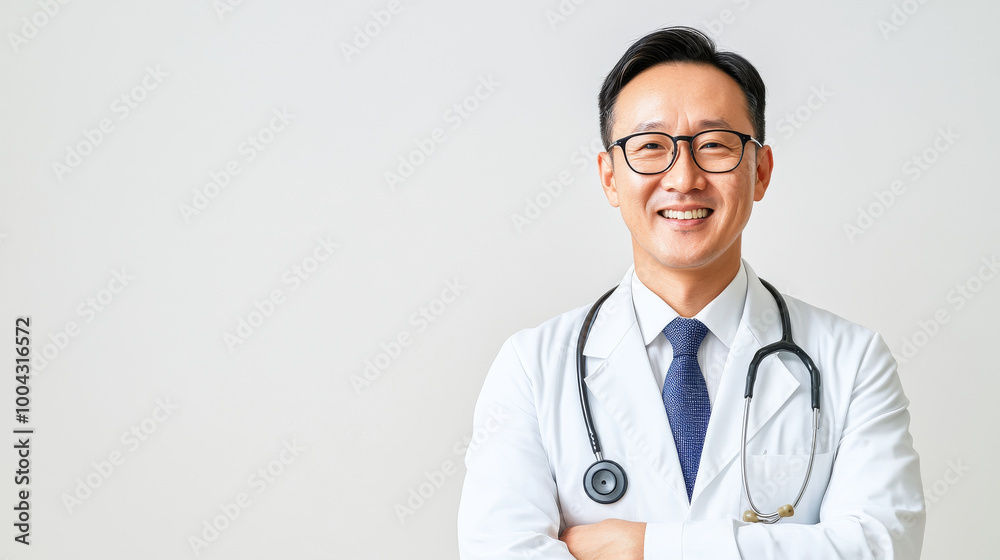 A smiling doctor in white coat stands confidently with arms crossed, showcasing professionalism and approachability. His stethoscope adds to medical theme, creating sense of trust and care A smiling doctor in white coat stands confidently with arms crossed, showcasing professionalism and approachability. His stethoscope adds to medical theme, creating sense of trust and care