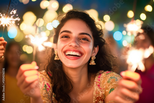 young indian woman holding sparklers on diwali festival