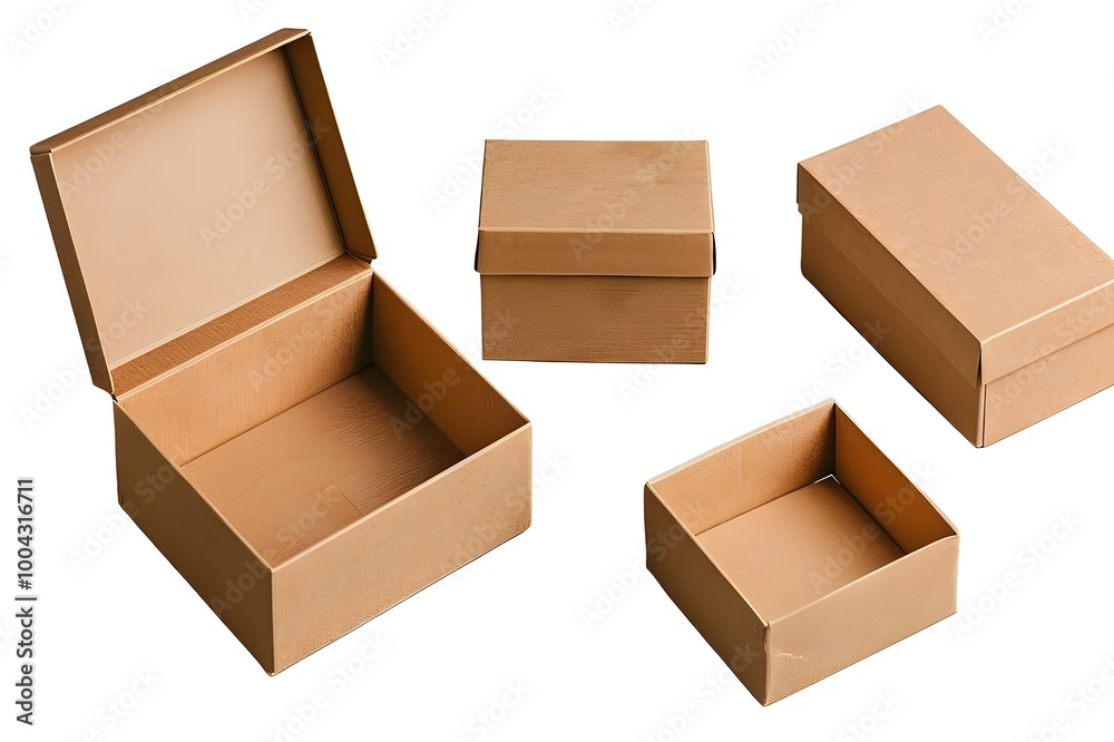 A set of cardboard boxes with open and closed lids, mockup templates for branding presentations A set of cardboard boxes with open and closed lids, mockup templates for branding presentations