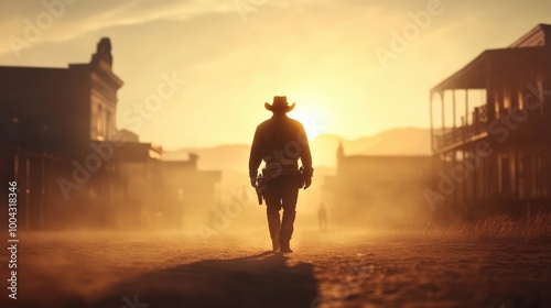A solitary cowboy strides through an empty, dusty town, silhouetted against a vibrant sunset. The deserted buildings evoke a sense of forgotten history and adventure