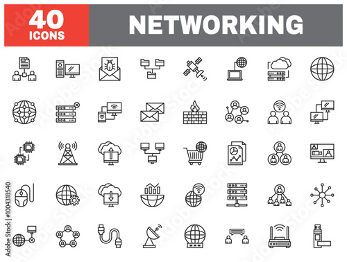 Set of 40 line icons networking. Outline icon collection. Editable stroke. Vector illustration.