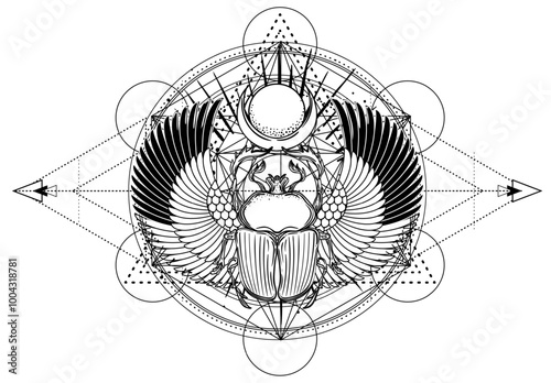 Sacred geometry with egypt symbol. Wings and all seeing eye. Alchemy, religion, spirituality, occultism. Isolated vector illustration. Conspiracy theory. Drawing tattoo art. Coloring book.