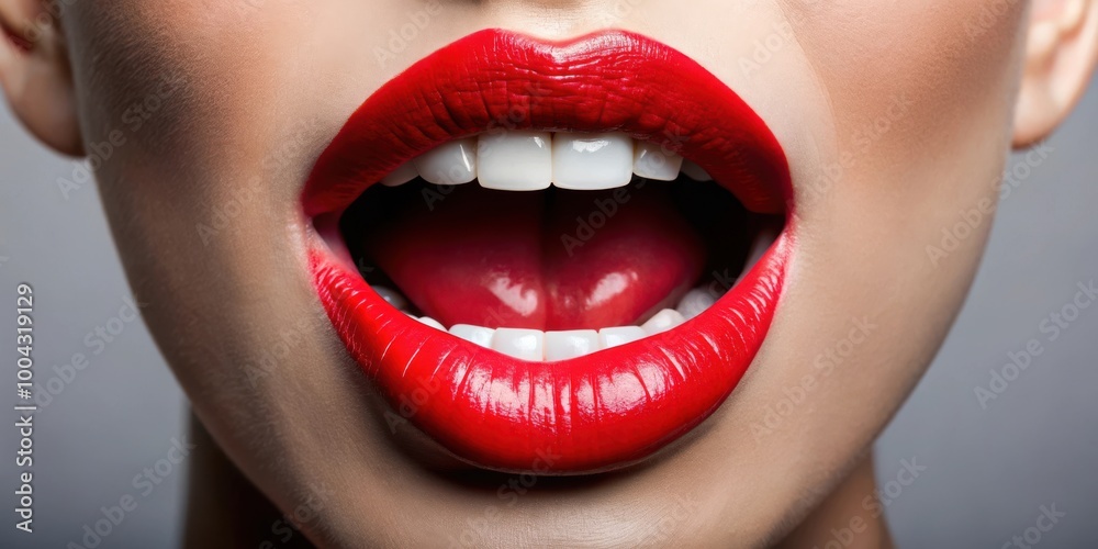 Obraz premium Vibrant red lipstick on a woman with her mouth wide open in a dramatic pose