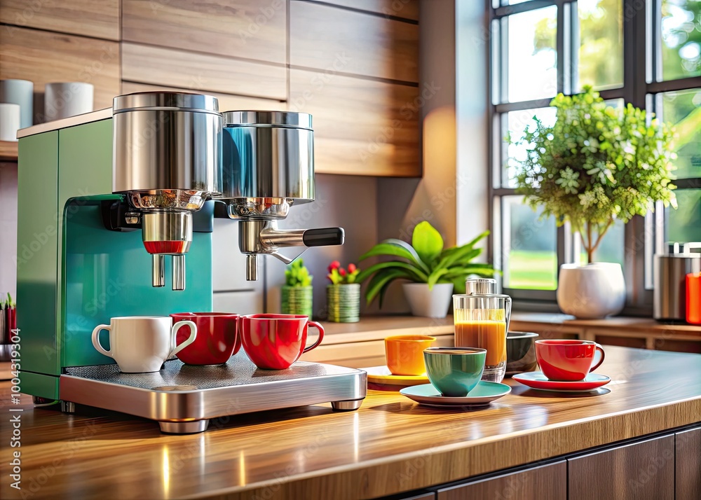 Modern Coffee Machine in a Stylish Kitchen with Freshly Brewed Coffee and Elegant Mugs on Table Modern Coffee Machine in a Stylish Kitchen with Freshly Brewed Coffee and Elegant Mugs on Table
