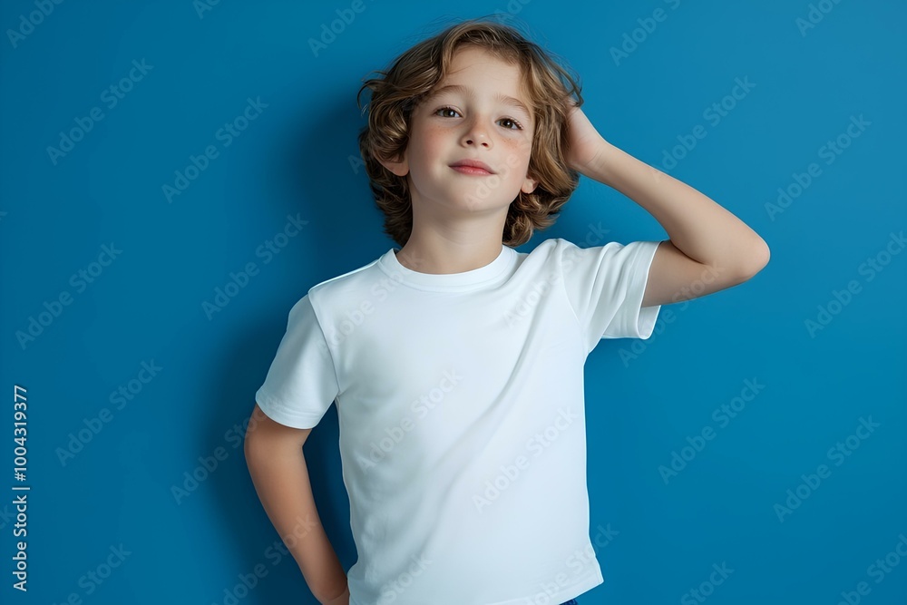 White t-shirt mockup for kids, happy boy child, blue background White t-shirt mockup for kids, happy boy child, blue background