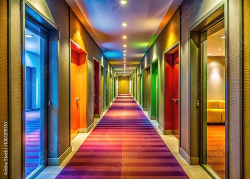 Modern corridor connecting rooms in a contemporary condominium building with stylish design elements