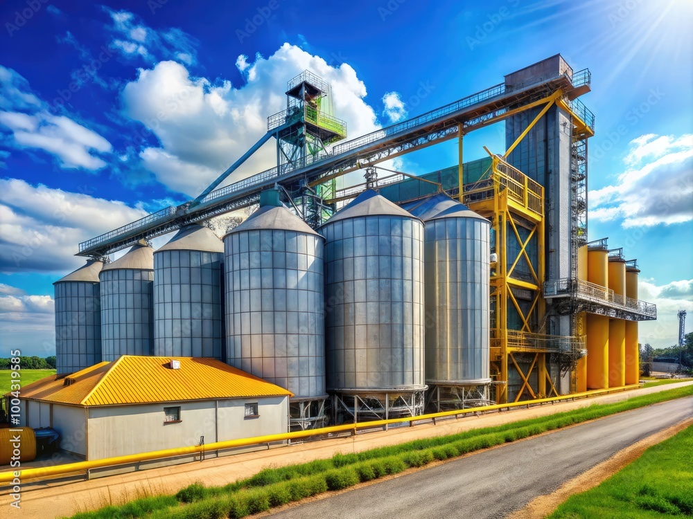 Modern grain storage and processing plant featuring conveyor belt for efficient grain handling operations Modern grain storage and processing plant featuring conveyor belt for efficient grain handling operations