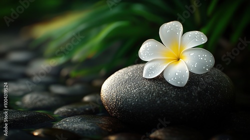 A serene flower resting on a smooth stone.