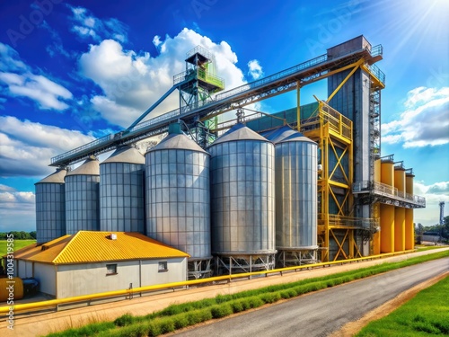 Modern grain storage and processing plant featuring conveyor belt for efficient grain handling operations