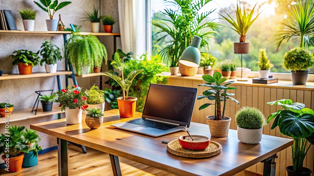 Fototapeta premium Modern Home Office Setup with Laptop, Desk, and Plants for Remote Work and Telecommuting Lifestyle