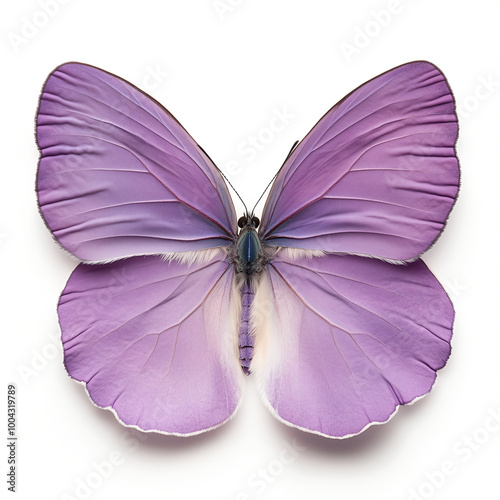 A close-up of a pink and purple butterfly with delicate, translucent wings displayed against a white background. The butterfly's intricate wing patterns and soft hues look like flower petals.