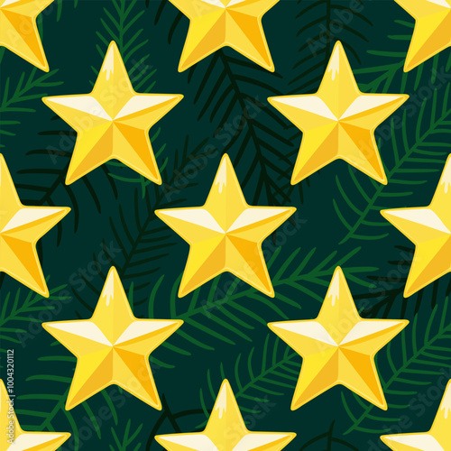 Vector seamless Christmas pattern with shiny starss and fir branches on dark green background photo