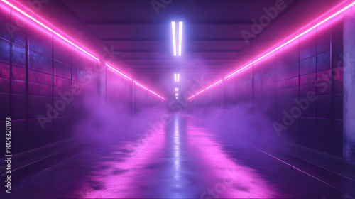 Neon Lights In A Purple Corridor 3D Illustration