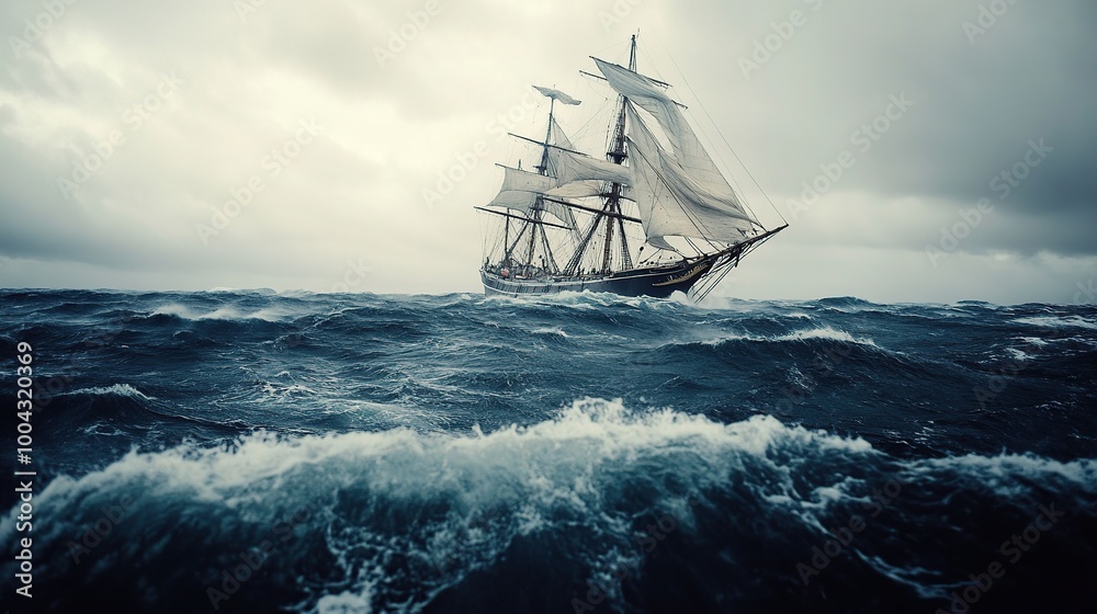 Obraz premium A ship navigating turbulent ocean waters.