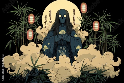 Mysterious Figure in Japanese Garden with Moon and Lanterns photo