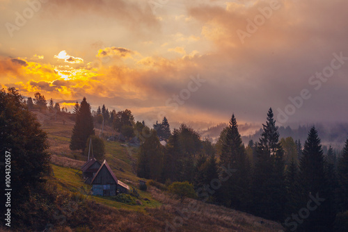 Sunrise misty morning taken in Carpathian mountains, Ukraine photo