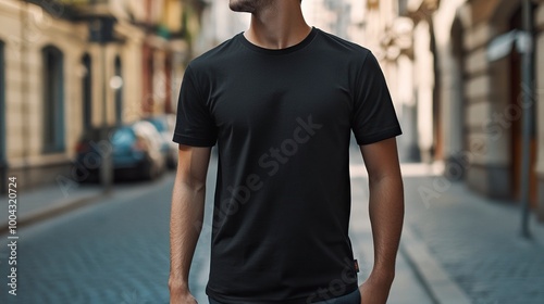 Young Model Shirt Mockup, Boy wearing black t-shirt on street in daylight, Shirt Mockup Template on hipster adult for design print, Male guy wearing casual t-shirt mockup placement .generative ai