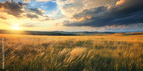 Vast open meadow with swaying wildgrasses distant rolling hills and dramatic cloudy skies bathed in golden hour illumination creating a serene and cinematic landscape with a Renaissance era influence photo