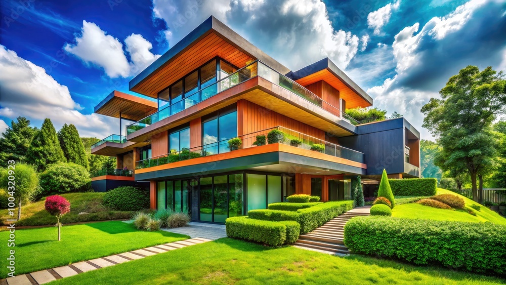 Obraz premium Modern Zinchouse Architecture with Unique Design Elements Surrounded by Lush Green Landscape