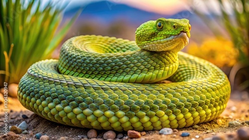 Mojave Green Rattlesnake Coiled in Desert Environment with Vibrant Scales and Natural Habitat photo