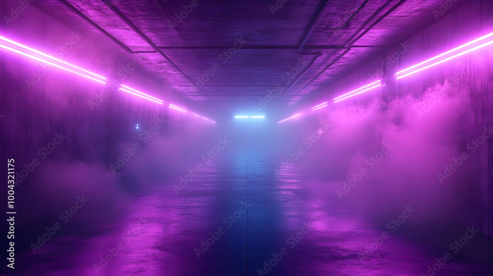 3D Neon Lights Corridor with Fog and Wet Floor - Illustration 3D Neon Lights Corridor with Fog and Wet Floor - Illustration