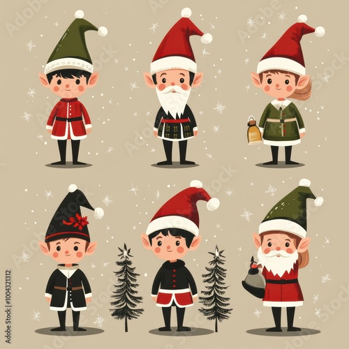 Cartoon Christmas Elves in European uniforms, vibrant colors, whimsical design, playful characters, festive spirit, holiday cheer