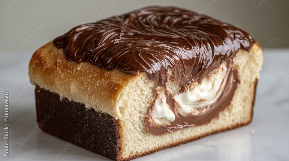 A soft loaf cake featuring rich chocolate cream swirled and glistening on top A soft loaf cake featuring rich chocolate cream swirled and glistening on top
