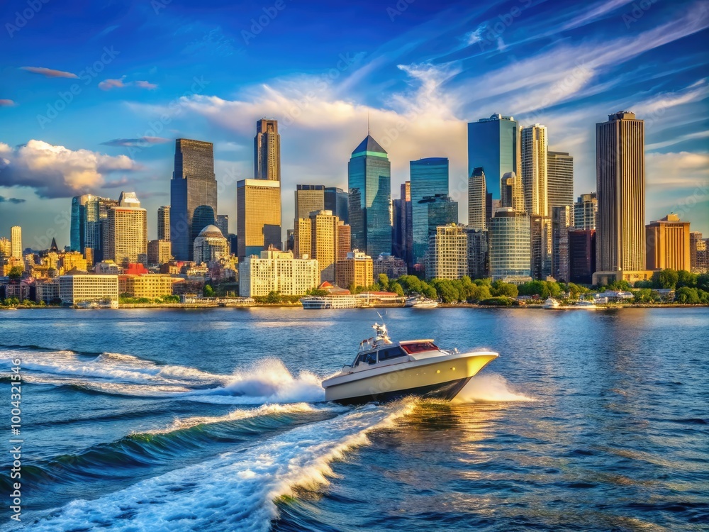 Fototapeta premium Motorboat on Puget Sound with Seattle skyline and pier under afternoon sun, vibrant cityscape view