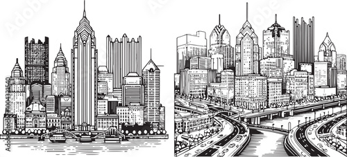 Outline Pittsburgh skyline. Trendy template with Pittsburgh city buildings and landmarks in line style. Stock vector design.