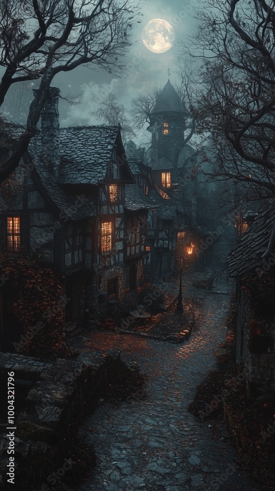 Medieval European Town at Night: Cobblestone Roads and Glowing String Lights for Halloween Medieval European Town at Night: Cobblestone Roads and Glowing String Lights for Halloween
