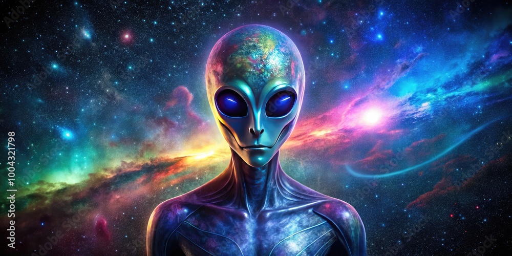 Mysterious Alien Figure in a Dark Night Sky with Stars and an Eerie Atmosphere Surrounding It Mysterious Alien Figure in a Dark Night Sky with Stars and an Eerie Atmosphere Surrounding It