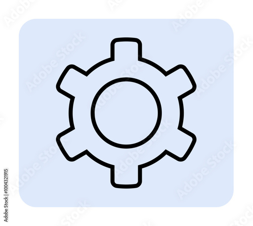 Black gear icon on a light blue square background. Perfect for representing mechanics, technology service, customization, development, and machinery. Clean vector style.