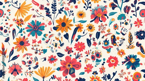 Pattern Illustration of Mariachi Music Elements, Skulls, and Flowers in Traditional Mexican Art Style