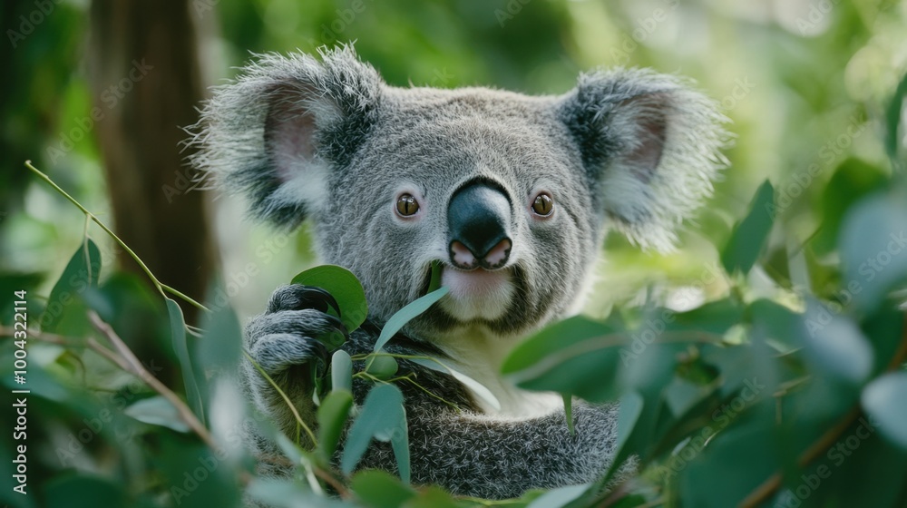 Fototapeta premium Closeup of a Koala enjoying a meal of eucalyptus leaves, set against a lush green background, perfect for conservation messaging.